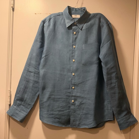 NWT Uniqlo premium French linen blue button down shirt full sleeves Mens S / M - Picture 3 of 7